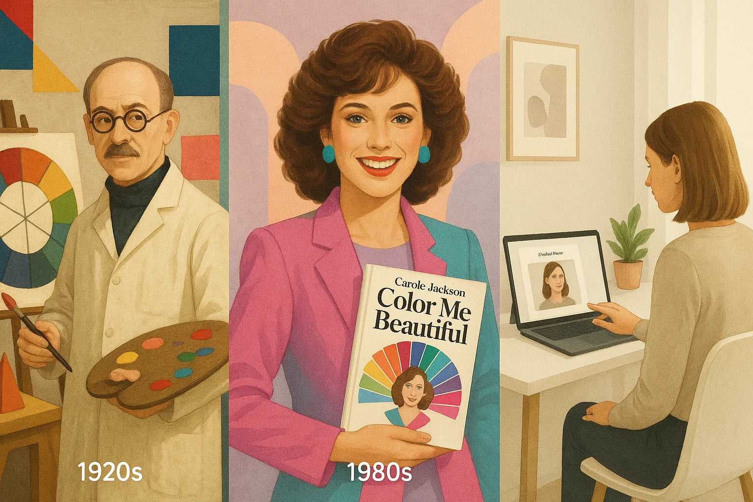Illustration der viser farveanalysens udvikling fra 1920’erne til i dag. Billedet viser Johannes Itten med et farvehjul, 1980’er-kvinde med bogen "Color Me Beautiful", og en moderne kvinde, der bruger Farveanalyse.dk til digital farveanalyse online.
